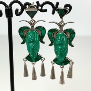 Taxco Sterling Silver Dangle Earrings Malachite Warrior Aztec 950 Mexico Vtg